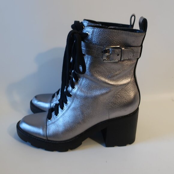 Womens Marc Fisher Waren Silver Leather Lace Up Zip Block Heeled Combat Boots 8 - Picture 6 of 15